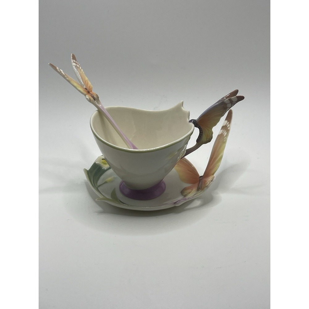 Franz Collection Butterfly Teacup Saucer Spoon Set Porcelain Floral Tea Cup